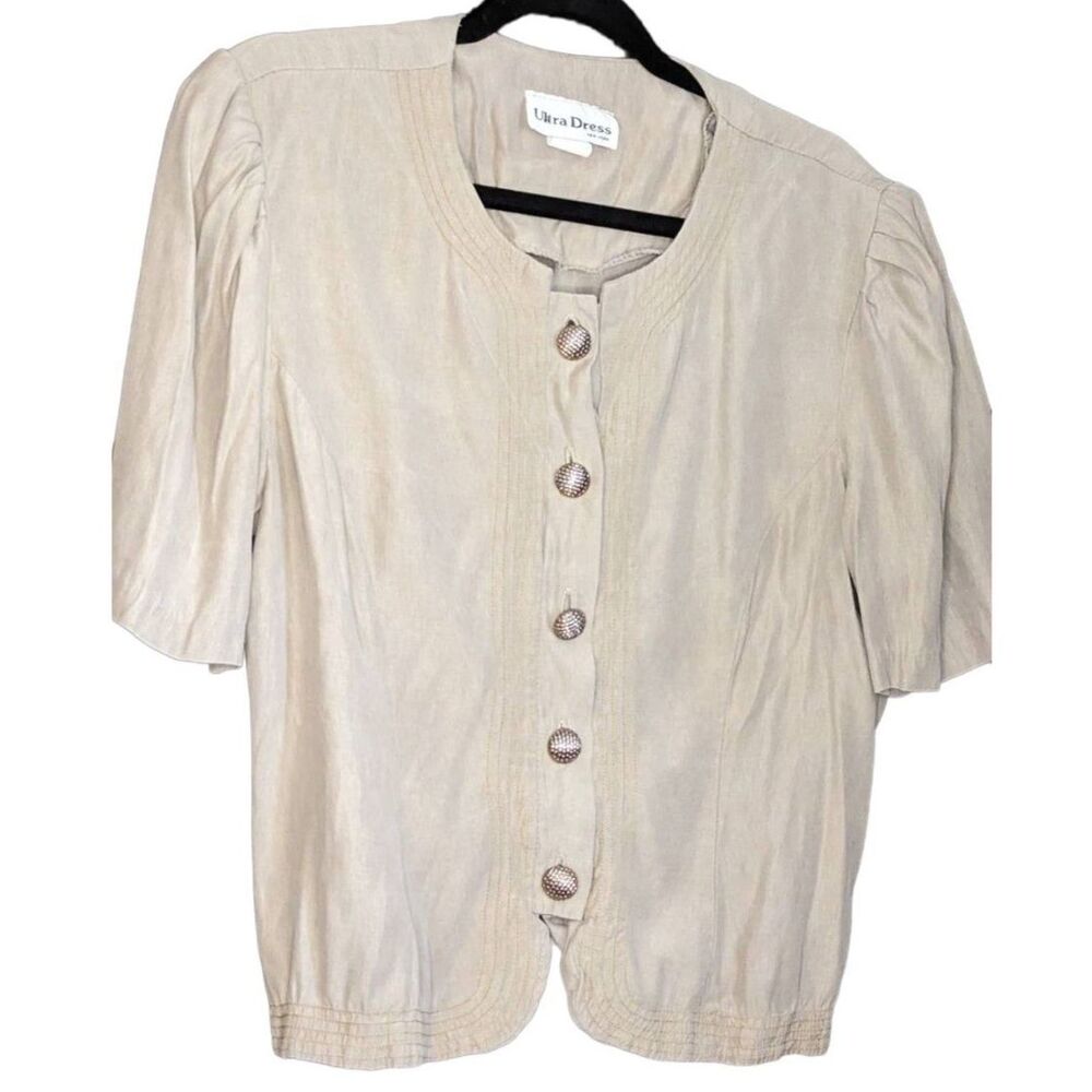 VINTAGE Ultra Dress NY Button Up Cap Short Sleeve Crop Style Blouse Tan Size:12